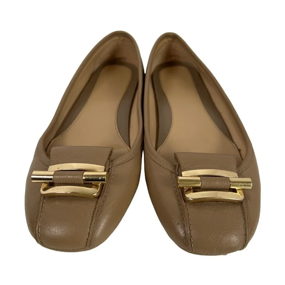 Michael Kors Size 6.5 Tan Balletcore Flats Leather Ballet‎ Gold Buckle Detail